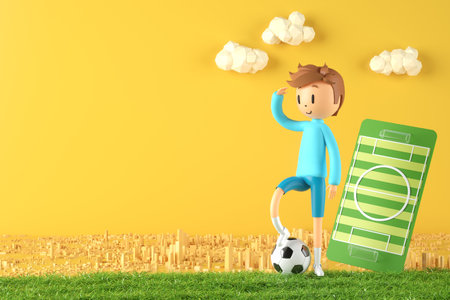 action cartoon 3d character. boy in sports action. 3d illustrator. colorful human design. happy face. sport object rendering. fitness activity. health concept. copy space background. soccer ballの写真素材