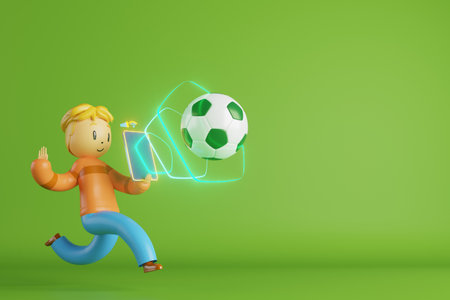 action cartoon 3d character. boy in sports action. 3d illustrator. colorful human design. happy face. sport object rendering. fitness activity. health concept. copy space background. soccer ballの写真素材