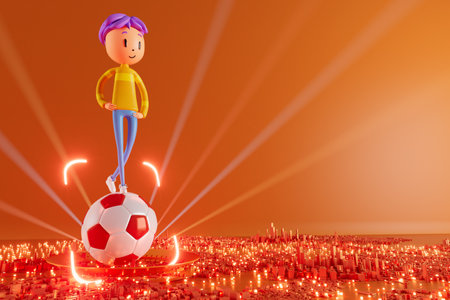 action cartoon 3d character. boy in sports action. 3d illustrator. colorful human design. happy face. sport object rendering. fitness activity. health concept. copy space background. soccer ballの写真素材