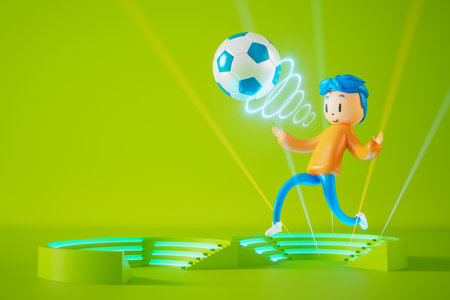 action cartoon 3d character. boy in sports action. 3d illustrator. colorful human design. happy face. sport object rendering. fitness activity. health concept. copy space background. soccer ballの写真素材
