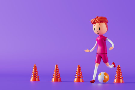 action cartoon 3d character. boy in sports action. 3d illustrator. colorful human design. happy face. sport object rendering. fitness activity. health concept. copy space background. soccer ballの写真素材