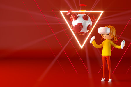 3d boy cartoon character within football action and VR glasses metaverse. 3d illustration. ball object rendering. fitness exercise workout. copy space background. kick action. competition gameの写真素材