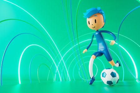 action cartoon 3d character. boy in sports action. 3d illustrator. colorful human design. happy face. sport object rendering. fitness activity. health concept. copy space background. soccer ballの写真素材