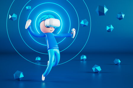 3d boy cartoon character within football action and VR glasses metaverse. 3d illustration. ball object rendering. fitness exercise workout. copy space background. kick action. competition gameの写真素材