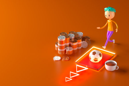 action cartoon 3d character. boy in sports action. 3d illustrator. colorful human design. happy face. sport object rendering. fitness activity. health concept. copy space background. soccer ballの写真素材