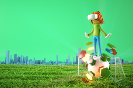 3d boy cartoon character within football action and VR glasses metaverse. 3d illustration. ball object rendering. fitness exercise workout. copy space background. kick action. competition gameの写真素材