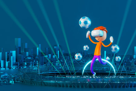 3d boy cartoon character within football action and VR glasses metaverse. 3d illustration. ball object rendering. fitness exercise workout. copy space background. kick action. competition gameの写真素材