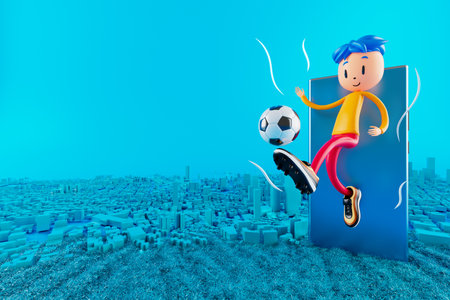3d boy cartoon character in action with clipping path. 3d illustrator. sport activity. exercise fitness. workout training lifestyle. man player. technology VR. gym outdoor. cyberspace object concept.の写真素材