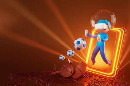3d boy cartoon character within football action and VR glasses metaverse. 3d illustration. ball object rendering. fitness exercise workout. copy space background. kick action. competition gameの写真素材