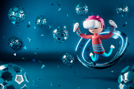 3d boy cartoon character within football action and VR glasses metaverse. 3d illustration. ball object rendering. fitness exercise workout. copy space background. kick action. competition gameの写真素材