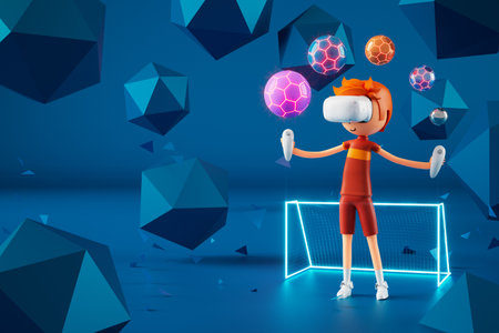 3d boy cartoon character within football action and VR glasses metaverse. 3d illustration. ball object rendering. fitness exercise workout. copy space background. kick action. competition gameの写真素材