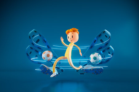 action cartoon 3d character. boy in sports action. 3d illustrator. colorful human design. happy face. sport object rendering. fitness activity. health concept. copy space background. soccer ballの写真素材