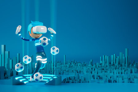 3d boy cartoon character within football action and VR glasses metaverse. 3d illustration. ball object rendering. fitness exercise workout. copy space background. kick action. competition gameの写真素材