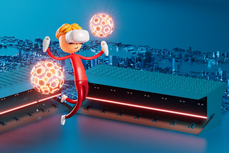 3d boy cartoon character within football action and VR glasses metaverse. 3d illustration. ball object rendering. fitness exercise workout. copy space background. kick action. competition gameの写真素材