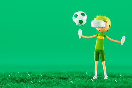 3d boy cartoon character within football action and VR glasses metaverse. 3d illustration. ball object rendering. fitness exercise workout. copy space background. kick action. competition gameの写真素材