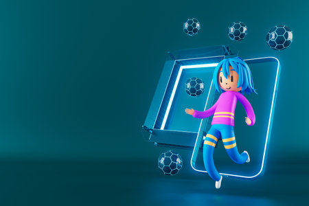 action cartoon 3d character. boy in sports action. 3d illustrator. colorful human design. happy face. sport object rendering. fitness activity. health concept. copy space background. soccer ballの写真素材