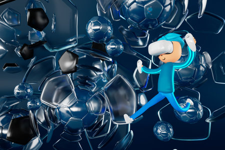 3d boy cartoon character within football action and VR glasses metaverse. 3d illustration. ball object rendering. fitness exercise workout. copy space background. kick action. competition gameの写真素材