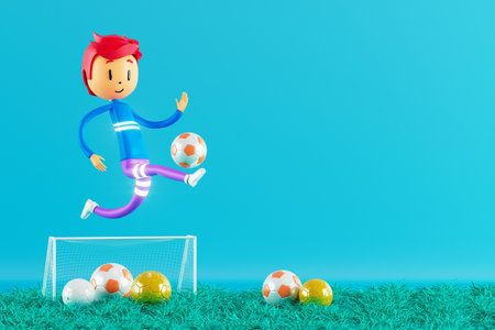 action cartoon 3d character. boy in sports action. 3d illustrator. colorful human design. happy face. sport object rendering. fitness activity. health concept. copy space background. soccer ballの写真素材