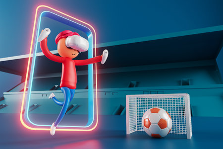 3d boy cartoon character within football action and VR glasses metaverse. 3d illustration. ball object rendering. fitness exercise workout. copy space background. kick action. competition gameの写真素材