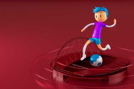 action cartoon 3d character. boy in sports action. 3d illustrator. colorful human design. happy face. sport object rendering. fitness activity. health concept. copy space background. soccer ballの写真素材