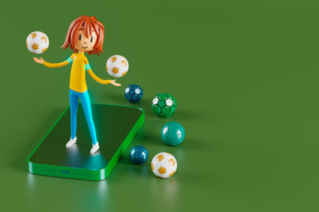 action cartoon 3d character. boy in sports action. 3d illustrator. colorful human design. happy face. sport object rendering. fitness activity. health concept. copy space background. soccer ballの写真素材