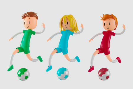 action cartoon 3d character. boy in sports action. 3d illustrator. colorful human design. happy face. sport object rendering. fitness activity. health concept. copy space background. soccer ballの写真素材