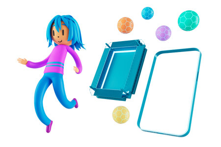 3d boy cartoon character in action with clipping path. 3d illustrator. sport activity. exercise fitness. workout training lifestyle. man player. technology VR. gym outdoor. cyberspace object concept.の写真素材