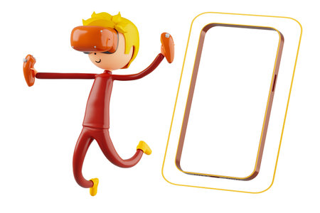3d boy cartoon character in action with clipping path. 3d illustrator. sport activity. exercise fitness. workout training lifestyle. man player. technology VR. gym outdoor. cyberspace object concept.の写真素材