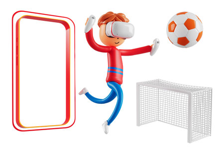 3d boy cartoon character in action with clipping path. 3d illustrator. sport activity. exercise fitness. workout training lifestyle. man player. technology VR. gym outdoor. cyberspace object concept.の写真素材