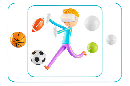3d boy cartoon character in action with clipping path. 3d illustrator. sport activity. exercise fitness. workout training lifestyle. man player. technology VR. gym outdoor. cyberspace object concept.の写真素材