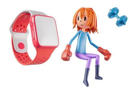 person cartoon character boy and girl with sports objects. 3d illustration. fitness activity action. man in a sports game. healthy concept. 3d ball. exercise action.smartphone smartwatch design.の写真素材