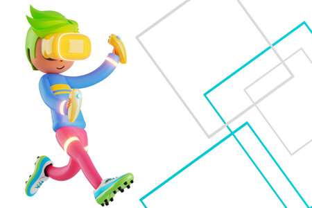 3d boy cartoon character in action with clipping path. 3d illustrator. sport activity. exercise fitness. workout training lifestyle. man player. technology VR. gym outdoor. cyberspace object concept.の写真素材