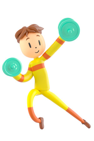 3d boy cartoon character in action with clipping path. 3d illustrator. sport activity. exercise fitness. workout training lifestyle. man player. technology VR. gym outdoor. cyberspace object concept.の写真素材