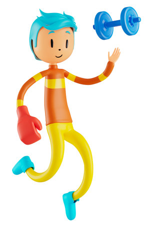 3d boy cartoon character in action with clipping path. 3d illustrator. sport activity. exercise fitness. workout training lifestyle. man player. technology VR. gym outdoor. cyberspace object concept.の写真素材