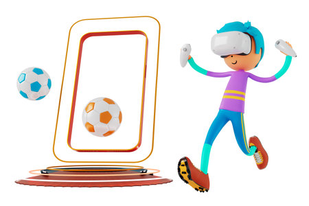 3d boy cartoon character in action with clipping path. 3d illustrator. sport activity. exercise fitness. workout training lifestyle. man player. technology VR. gym outdoor. cyberspace object concept.の写真素材