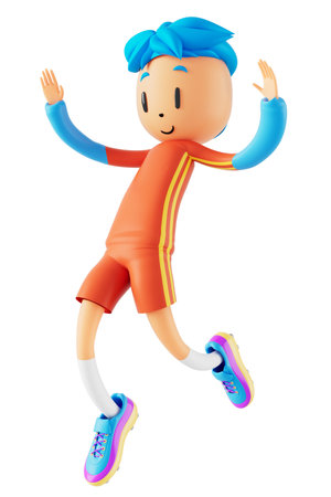 3d boy cartoon character in action with clipping path. 3d illustrator. sport activity. exercise fitness. workout training lifestyle. man player. technology VR. gym outdoor. cyberspace object concept.の写真素材