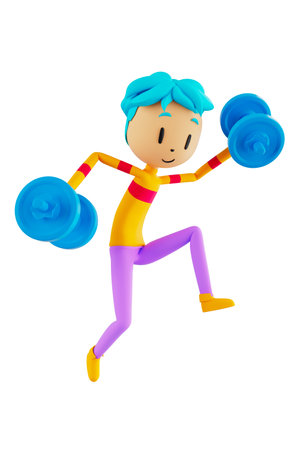 3d boy cartoon character in action with clipping path. 3d illustrator. sport activity. exercise fitness. workout training lifestyle. man player. technology VR. gym outdoor. cyberspace object concept.の写真素材