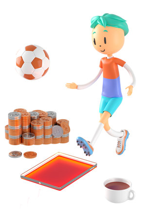 3d boy cartoon character in action with clipping path. 3d illustrator. sport activity. exercise fitness. workout training lifestyle. man player. technology VR. gym outdoor. cyberspace object concept.の写真素材