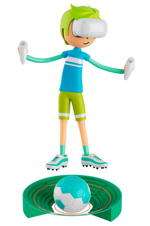 3d boy cartoon character in action with clipping path. 3d illustrator. sport activity. exercise fitness. workout training lifestyle. man player. technology VR. gym outdoor. cyberspace object concept.の写真素材
