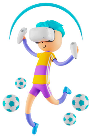 3d boy cartoon character in action with clipping path. 3d illustrator. sport activity. exercise fitness. workout training lifestyle. man player. technology VR. gym outdoor. cyberspace object concept.の写真素材