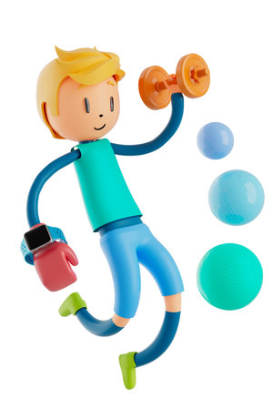 person cartoon character boy and girl with sports objects. 3d illustration. fitness activity action. man in a sports game. healthy concept. 3d ball. exercise action.smartphone smartwatch design.の写真素材