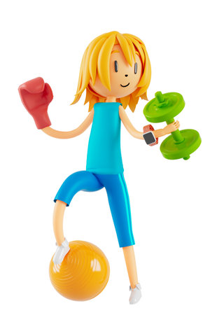 person cartoon character boy and girl with sports objects. 3d illustration. fitness activity action. man in a sports game. healthy concept. 3d ball. exercise action.smartphone smartwatch design.の写真素材