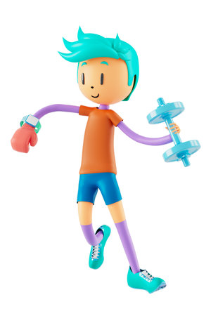 person cartoon character boy and girl with sports objects. 3d illustration. fitness activity action. man in a sports game. healthy concept. 3d ball. exercise action.smartphone smartwatch design.の写真素材