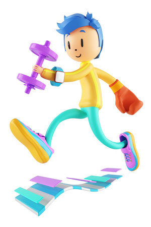 person cartoon character boy and girl with sports objects. 3d illustration. fitness activity action. man in a sports game. healthy concept. 3d ball. exercise action.smartphone smartwatch design.の写真素材