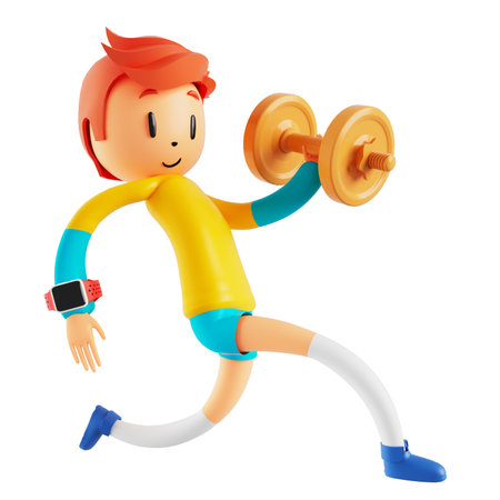 person cartoon character boy and girl with sports objects. 3d illustration. fitness activity action. man in a sports game. healthy concept. 3d ball. exercise action.smartphone smartwatch design.の写真素材
