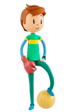 person cartoon character boy and girl with sports objects. 3d illustration. fitness activity action. man in a sports game. healthy concept. 3d ball. exercise action.smartphone smartwatch design.の写真素材