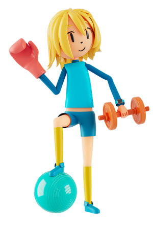 person cartoon character boy and girl with sports objects. 3d illustration. fitness activity action. man in a sports game. healthy concept. 3d ball. exercise action.smartphone smartwatch design.の写真素材