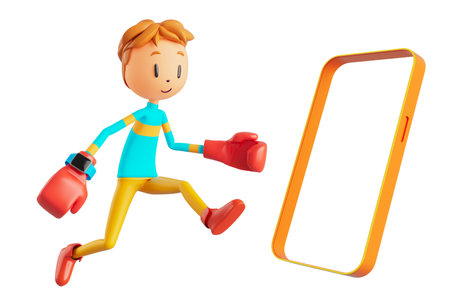 person cartoon character boy and girl with sports objects. 3d illustration. fitness activity action. man in a sports game. healthy concept. 3d ball. exercise action.smartphone smartwatch design.の写真素材