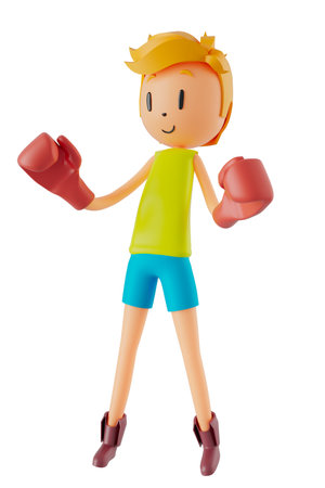 3d boy cartoon character in action with clipping path. 3d illustrator. sport activity. exercise fitness. workout training lifestyle. man player. technology VR. gym outdoor. cyberspace object concept.の写真素材