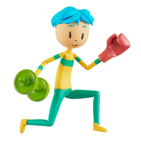 3d boy cartoon character in action with clipping path. 3d illustrator. sport activity. exercise fitness. workout training lifestyle. man player. technology VR. gym outdoor. cyberspace object concept.の写真素材